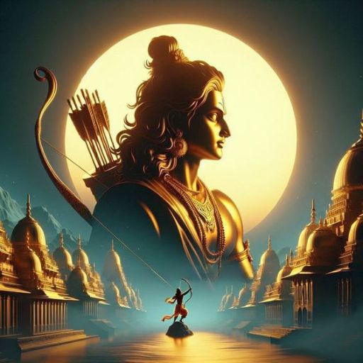 A silhouette of an archer in front of a large, stylized figure holding a bow against a moonlit sky and ornate buildings