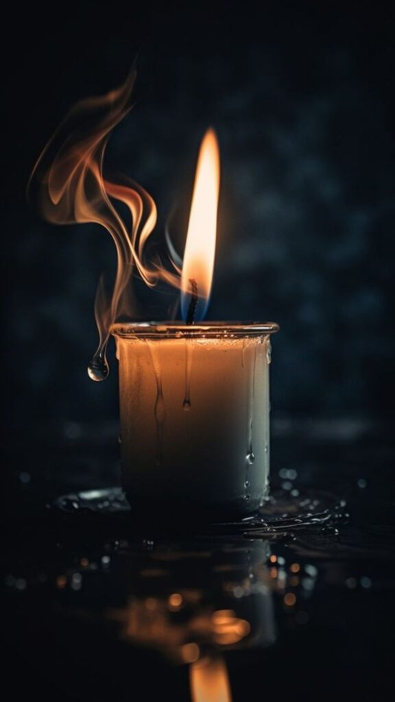 A single lit candle with a wavy smoke trail against a dark background