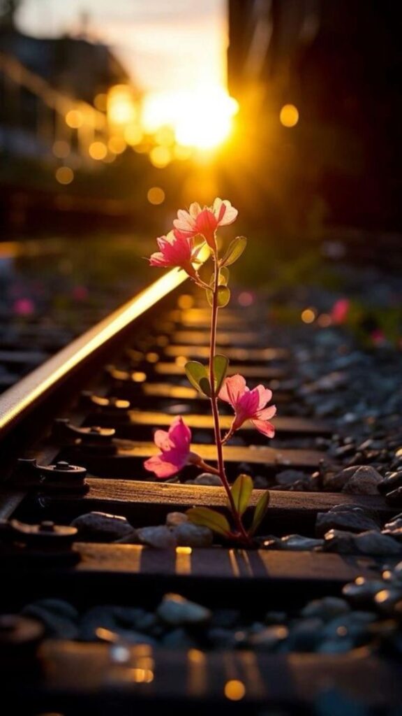 A small flower growing on train tracks with a sunset in the background