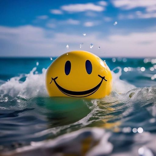 A smiley face ball floating on ocean waves under a clear blue sky