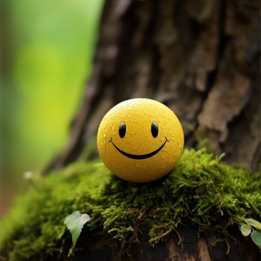 A smiley face ball resting on green moss with a blurred tree bark background