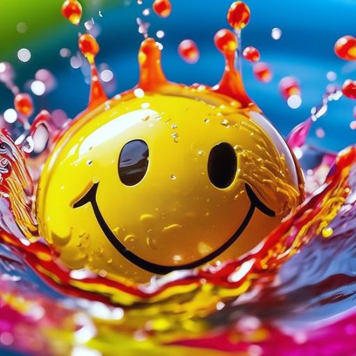 A smiley face ball splashing into vibrant water, creating colorful droplets