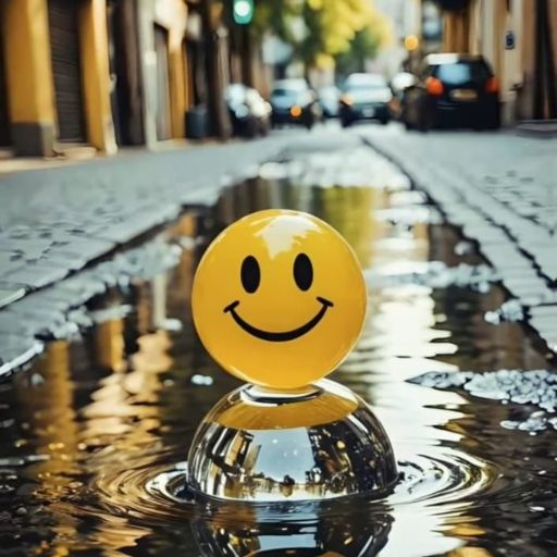 A smiley face balloon floating above a water puddle on a cobblestone street