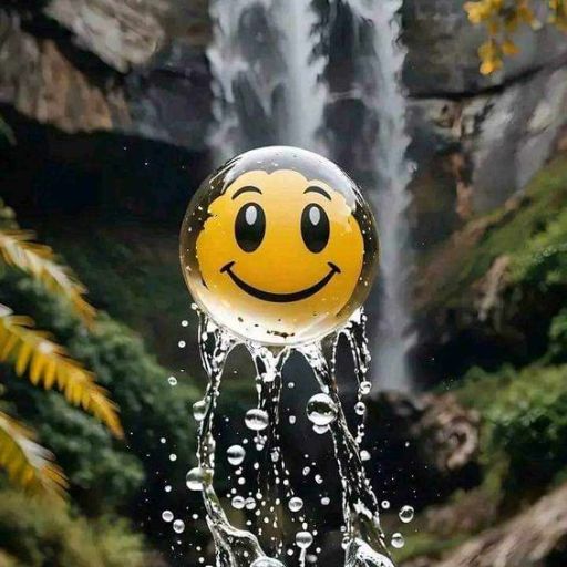 A smiley face drawn on a water droplet with a waterfall backdrop