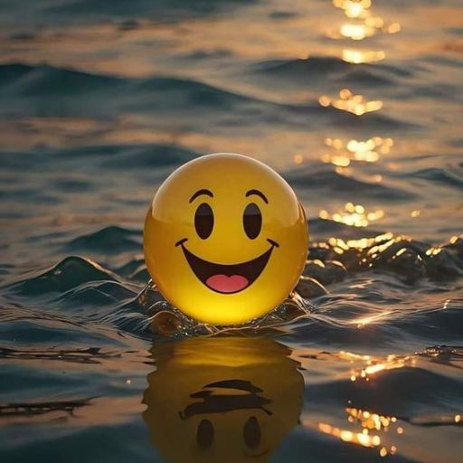 A smiling emoji ball floating on rippling water with sunlight reflecting off the surface