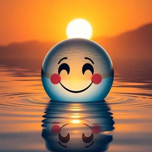 A smiling emoji ball floating on water at sunset, with sun aligning on its top and reflection below