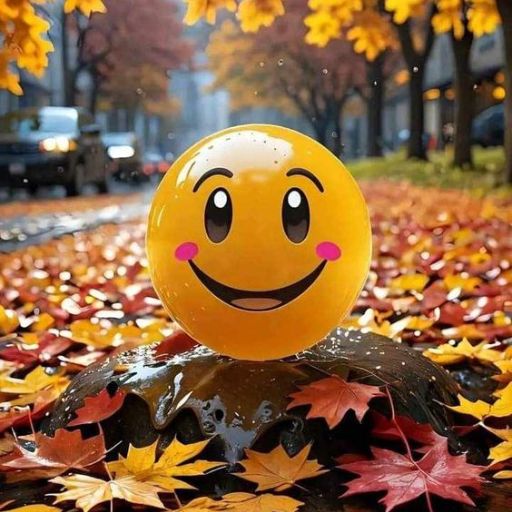 A smiling emoji ball on wet autumn leaves with a street and cars in the background