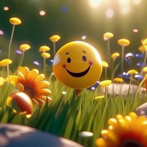 A smiling emoji balloon floating among sunlit flowers and grass