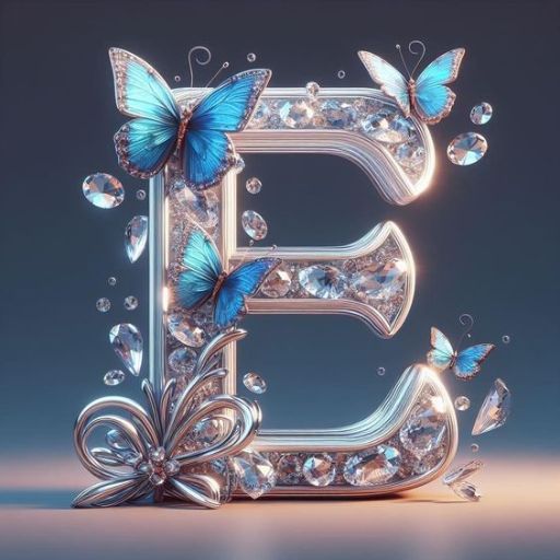 A sparkling, jeweled letter E with blue butterflies and light effects on a soft blue background