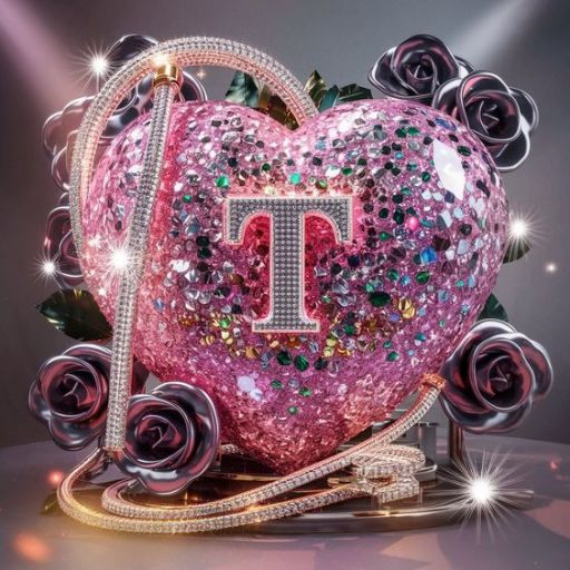 A sparkling pink heart with a letter _T_ surrounded by black roses and glittering accents