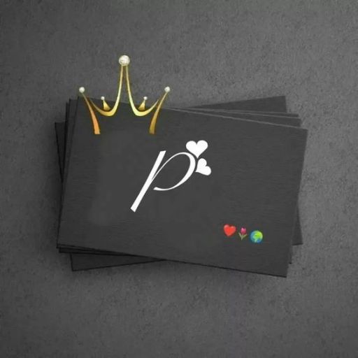 A stack of black business cards with a white crown logo and initial _P_ in a stylish font, alongside a heart and three colored dots