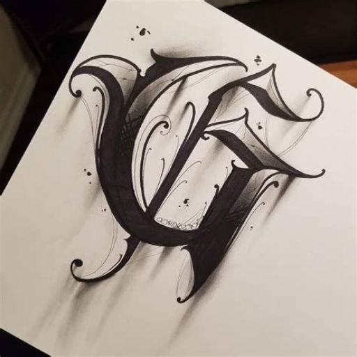 A stylized black and white drawing of the letter _D_ with ornate swirls and shading