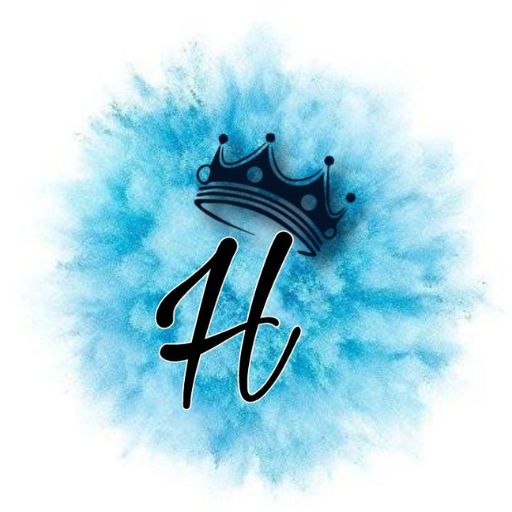 A stylized black letter 'H' with a crown on top against a blue watercolor background