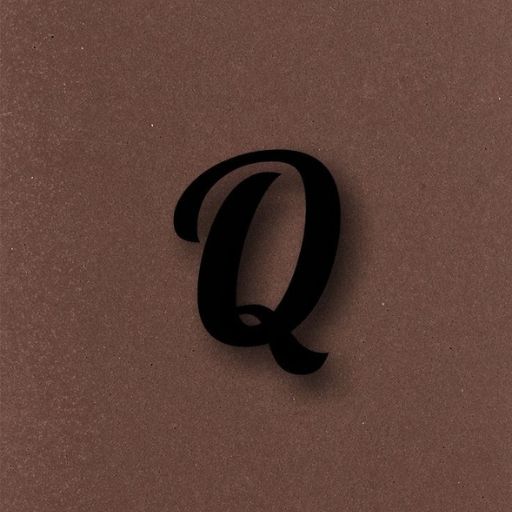 A stylized black letter 'Q' on a textured brown background