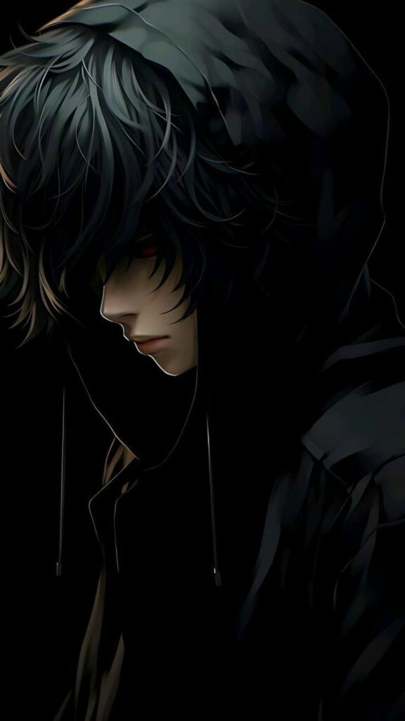 A stylized digital artwork of a person with dark, tousled hair and a shadowy outfit