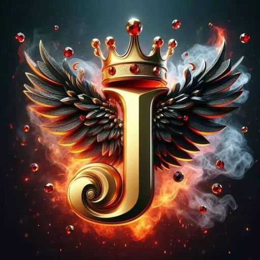 A stylized golden letter 'J' with a crown on top, flanked by dark angel wings, surrounded by flames and floating red orbs