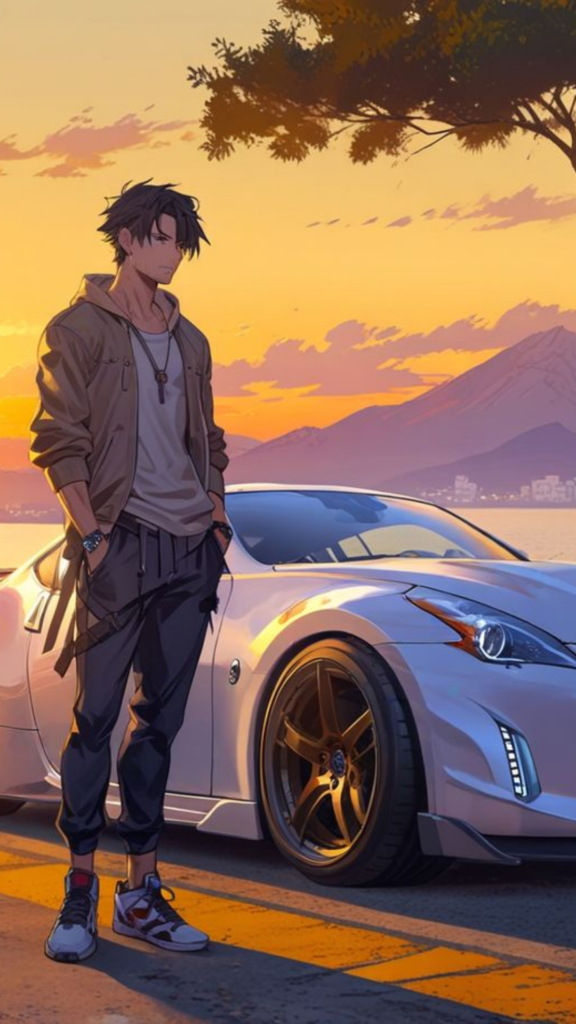 A stylized illustration of a man leaning on a sports car at sunset with mountains in the background