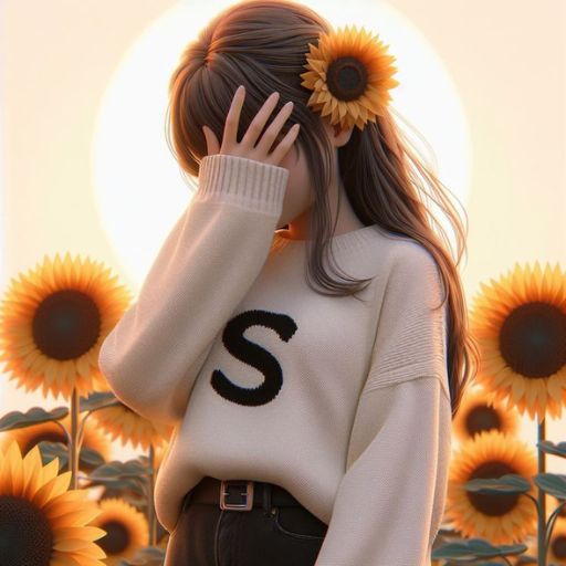 A stylized image of a person with sunflowers and a setting sun in the background