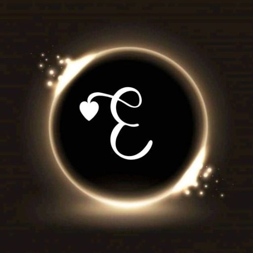 A stylized letter _E_ with a heart inside a circular glowing eclipse with star-like flares around the edges