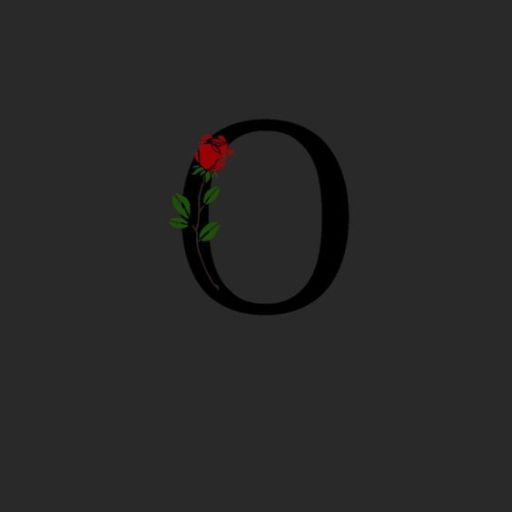 A stylized letter _O_ with a red rose and green leaves on a gray background