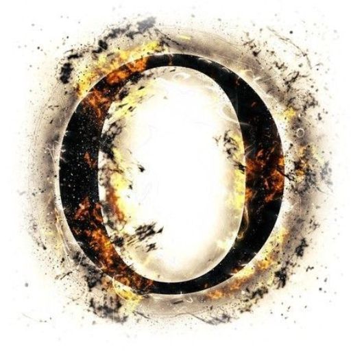 A stylized letter _O_ with fiery and smokey effects on a white background