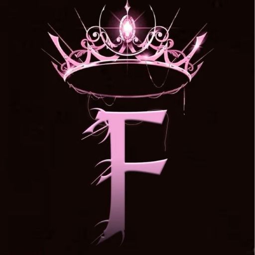 A stylized pink letter 'F' with a glowing crown above it, all against a dark background