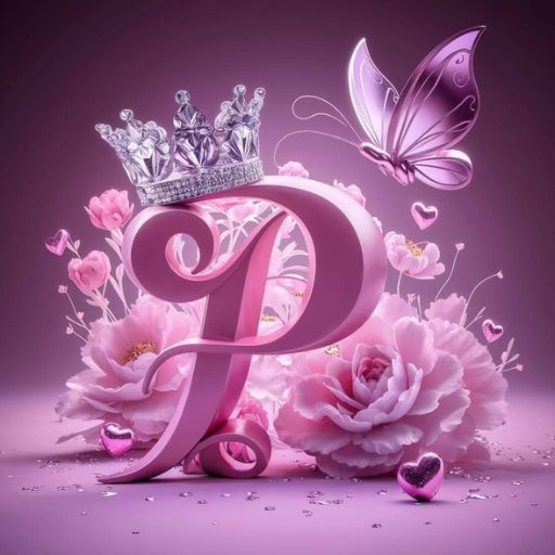 A stylized pink letter _P_ with a crown atop, surrounded by flowers and a butterfly