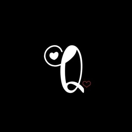 A stylized white letter 'Q' with two hearts, one atop and one on the bottom right, on a black background