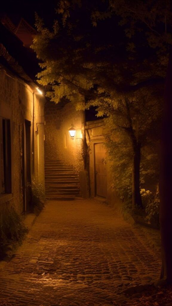 A warmly lit cobblestone alley at night with steps and a street lamp