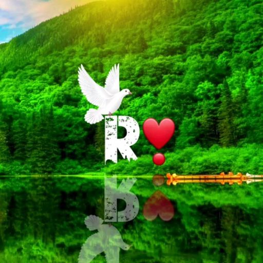 A white dove flies above an _R_ and heart, with a mirrored forest and lake below