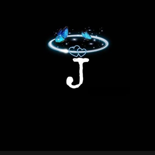 A white letter 'J' with blue butterflies and glowing neon rings on a black background