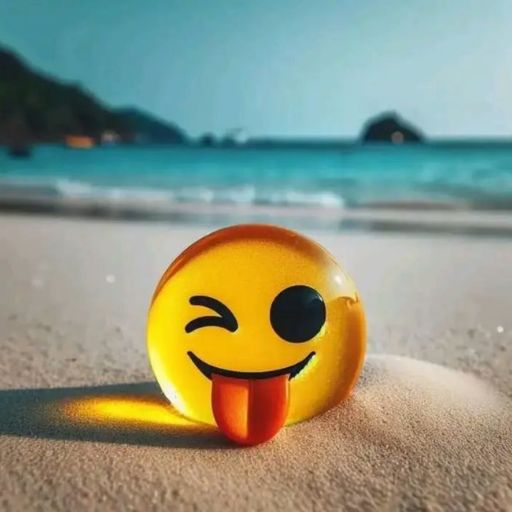 A winking emoji with its tongue out on a sandy beach with a clear blue sea and a small island in the background