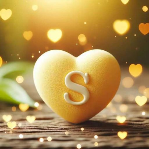 A yellow heart with a letter 'S' against a bokeh background with heart-shaped lights