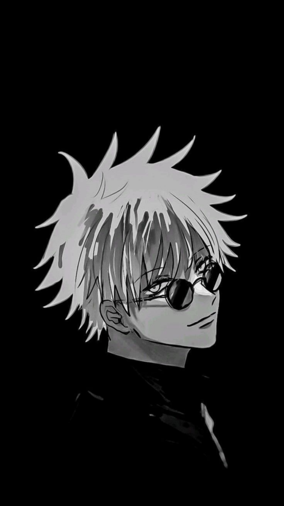 AMonochrome illustration of a character with spiky hair and round glasses, one lens darkened.nime character with silver hair, blue eyes, and sunglasses, looking pensive