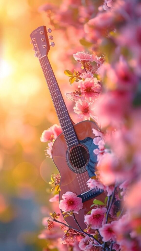 Acoustic guitar leaning against a blooming tree under warm sunlight