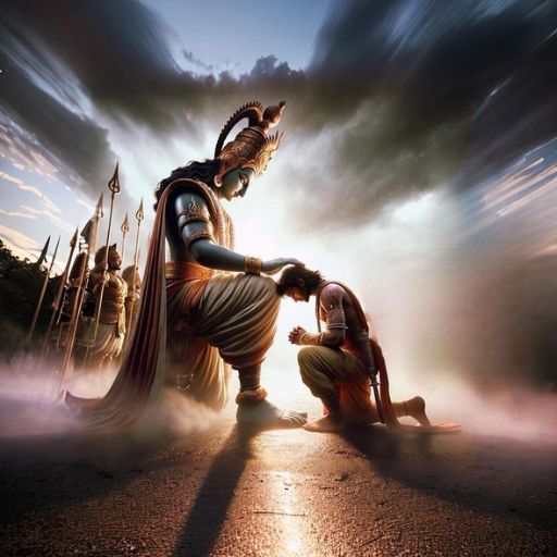 Alt text_ Artistic depiction of a humanoid figure with multiple arms in elaborate garb, blessing a kneeling person under a dramatic sky