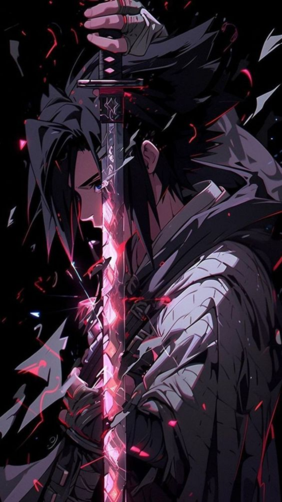 An animated character with dark hair holding a glowing sword against a black and red background