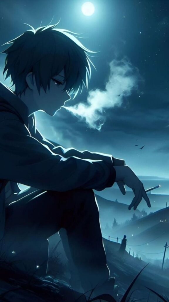 An anime character sitting under moonlight, exhaling a cloud of breath or smoke