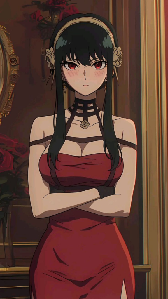 An anime character with long black hair, wearing a red dress and choker, standing indoors