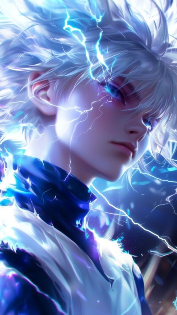 An anime-style character with dynamic blue and white hair surrounded by electric energy