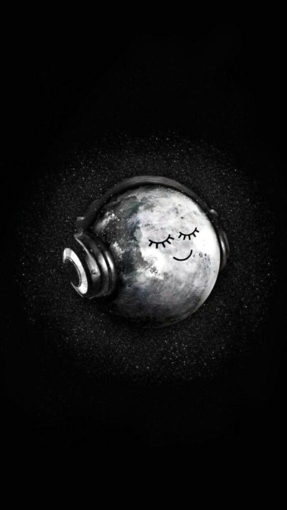 An anthropomorphized moon with closed eyes and headphones against a starry background.