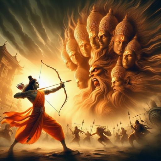 An archer in orange attire aiming an arrow towards a multi-faced entity amidst a battle scene