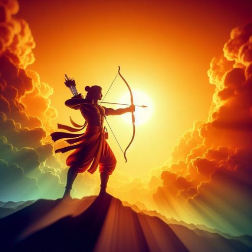 An archer silhouetted against a dramatic orange sky with clouds, aiming an arrow with a drawn bow