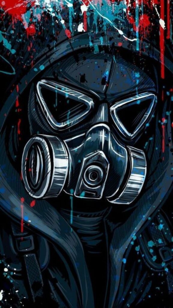 An artistic depiction of a person wearing a gas mask with a splattered blue and red background