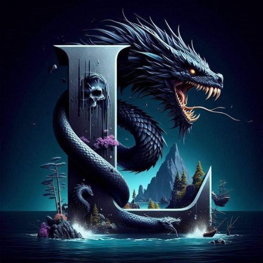 An artistic image of a dragon entwined around a letter _E_ at night on the sea