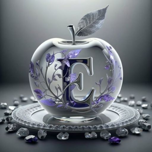 An artistic representation of an apple with a stylized cutout and purple floral designs, placed on a decorative saucer with gems