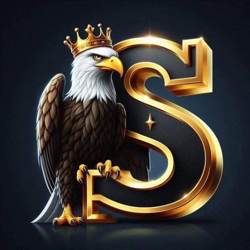 An eagle with a crown beside a stylized golden letter _S_ on a dark background