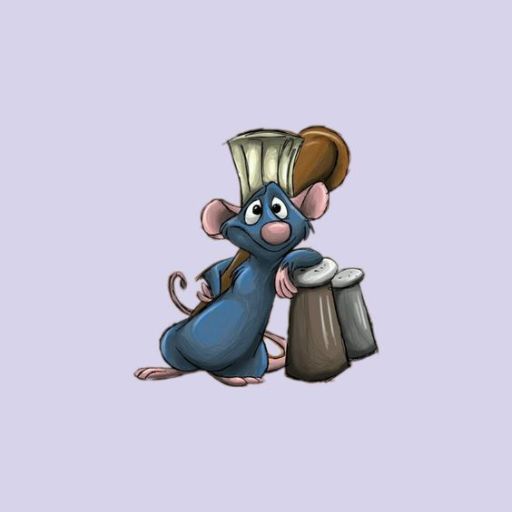 An illustrated blue rat wearing a chef's hat and carrying a cooking pot on a plain background