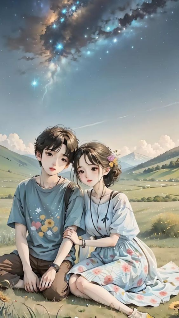 An illustrated couple sitting in a meadow under a starry sky