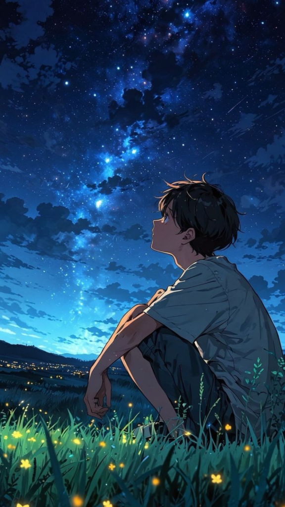 An illustrated person sitting in a field under a starry night sky